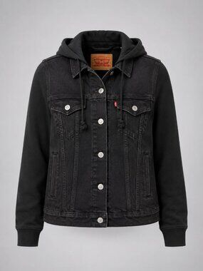 Levis Hybrid Denim Trucker Hoodie Jacket Youth Large Black Sweatshirt Sleeves